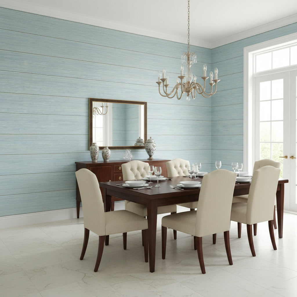Navajo Spa Blue | Thibaut Wallcoverings - Dining Room Visualization (AI-generated, may not be to scale. Verify pattern scale with product specifications.)