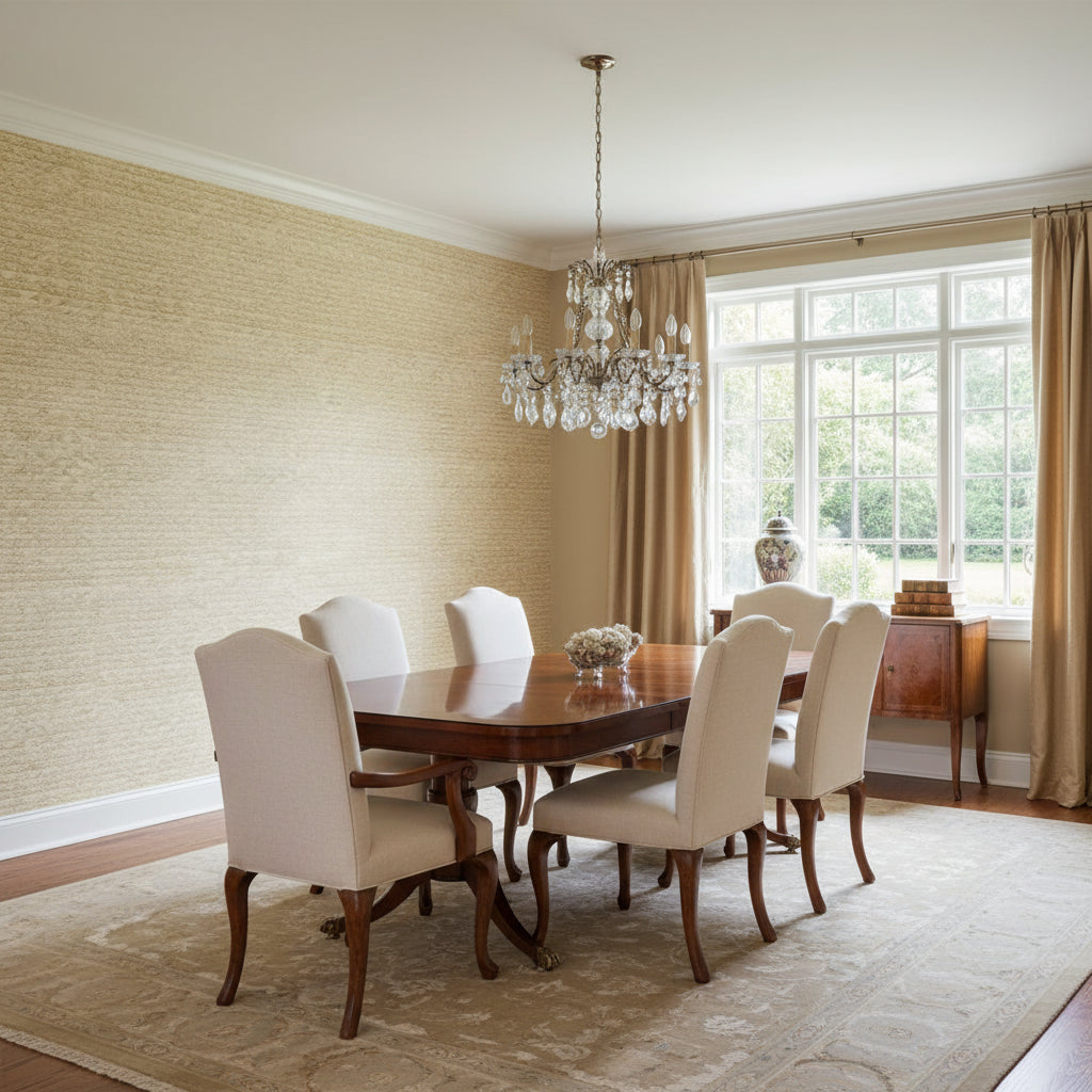 Pima Braid Straw | Thibaut Wallcoverings - Dining Room Visualization (AI-generated, may not be to scale. Verify pattern scale with product specifications.)