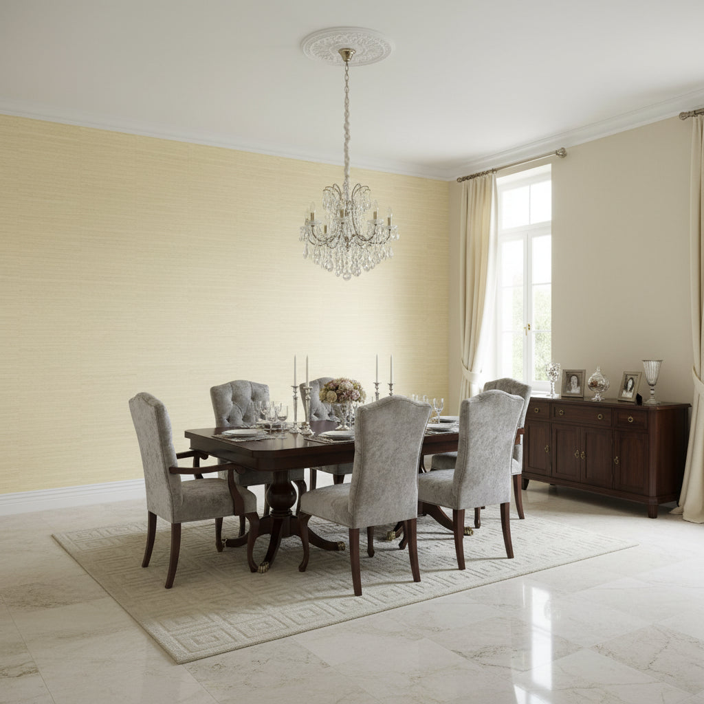 Pima Braid Natural | Thibaut Wallcoverings - Dining Room Visualization (AI-generated, may not be to scale. Verify pattern scale with product specifications.)