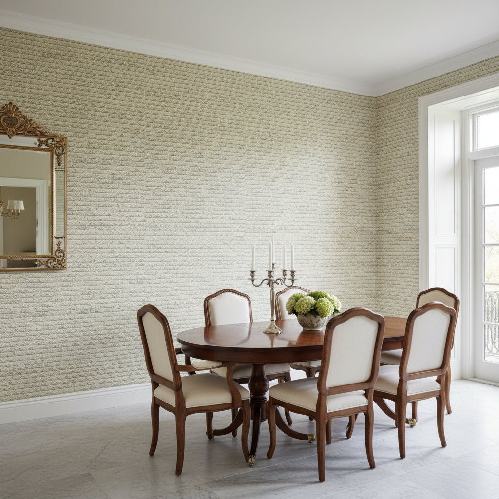 Pima Braid Grey | Thibaut Wallcoverings - Dining Room Visualization (AI-generated, may not be to scale. Verify pattern scale with product specifications.)
