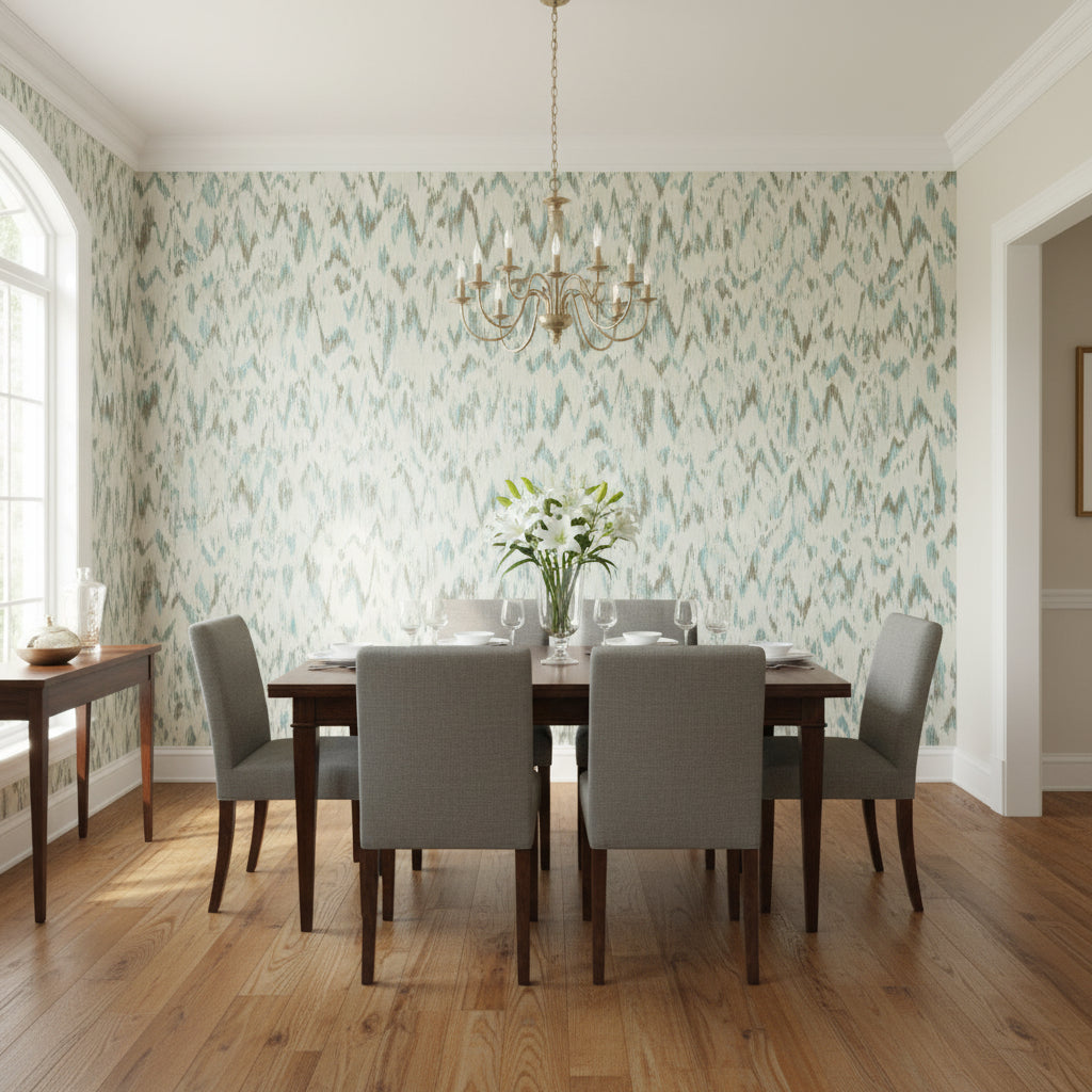 Point Lobos Brown and Teal | Thibaut Wallcoverings - Dining Room Visualization (AI-generated, may not be to scale. Verify pattern scale with product specifications.)