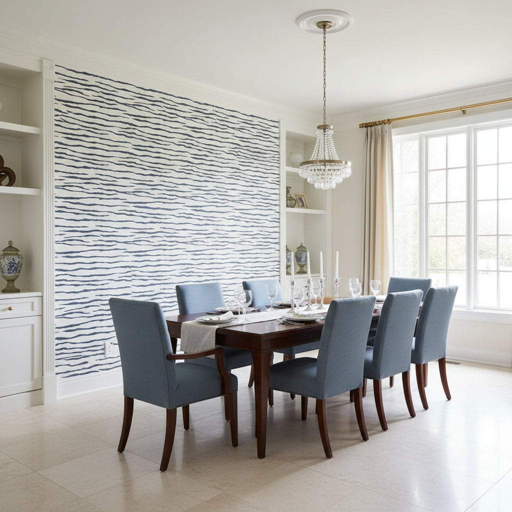 Savanna Navy | Thibaut Wallcoverings - Dining Room Visualization (AI-generated, may not be to scale. Verify pattern scale with product specifications.)