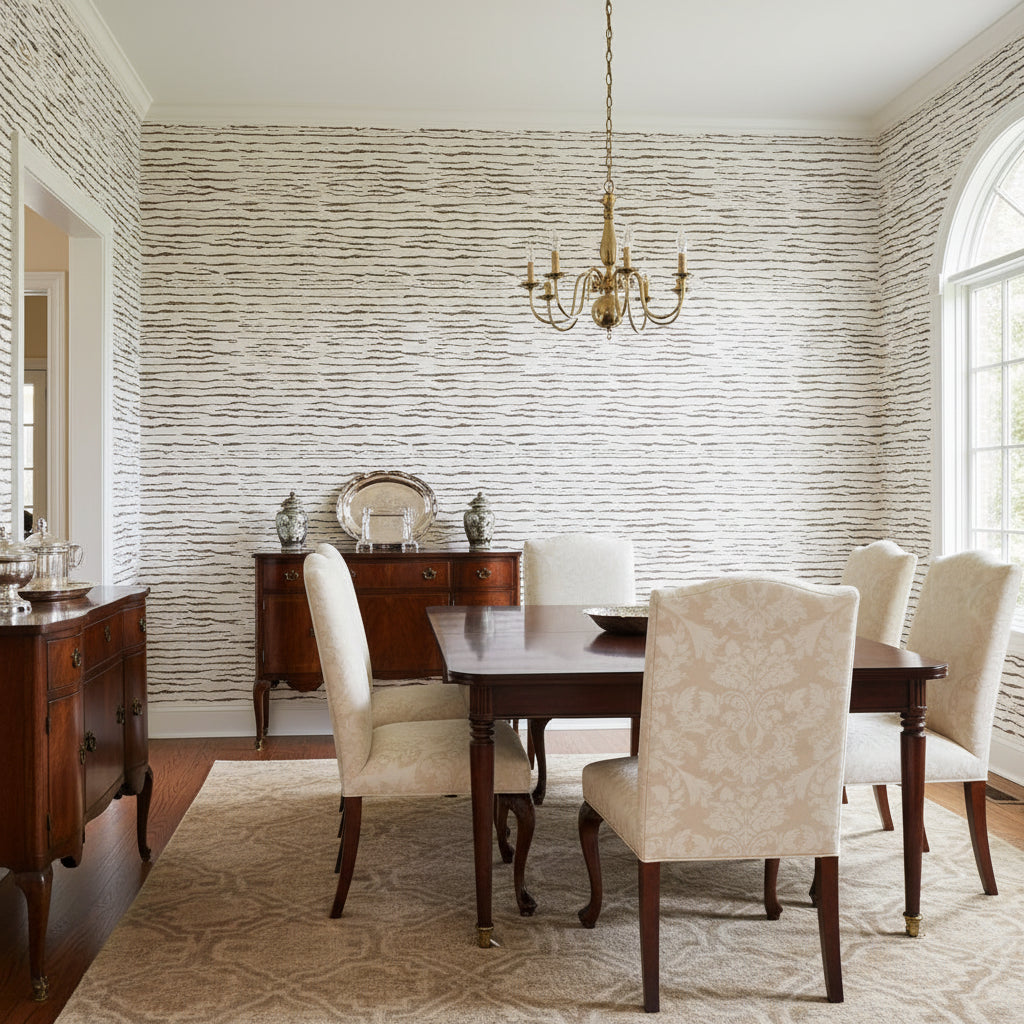 Savanna Brown and White | Thibaut Wallcoverings - Dining Room Visualization (AI-generated, may not be to scale. Verify pattern scale with product specifications.)