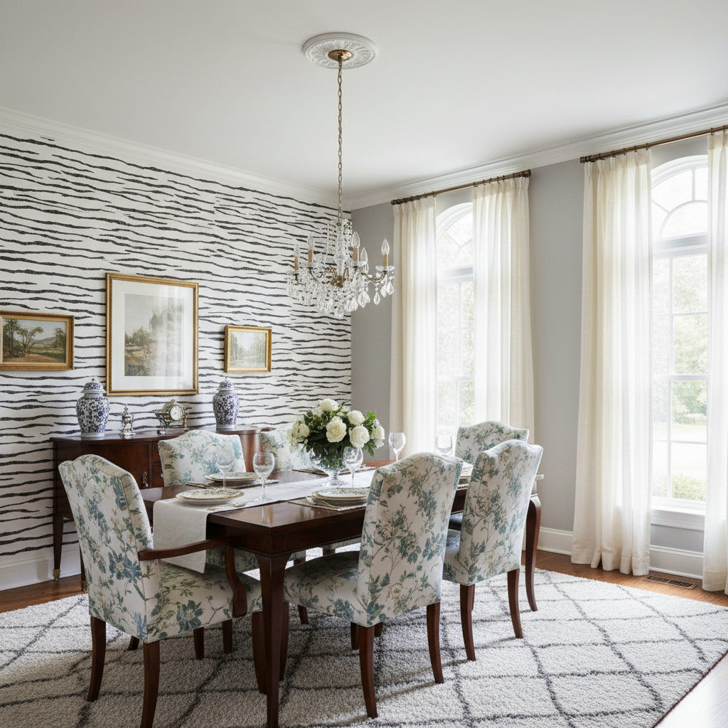 Savanna Black and White | Thibaut Wallcoverings - Dining Room Visualization (AI-generated, may not be to scale. Verify pattern scale with product specifications.)