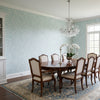 Wild Flower Sleepy Blue | Thibaut Wallcoverings - Dining Room Visualization (AI-generated, may not be to scale. Verify pattern scale with product specifications.)