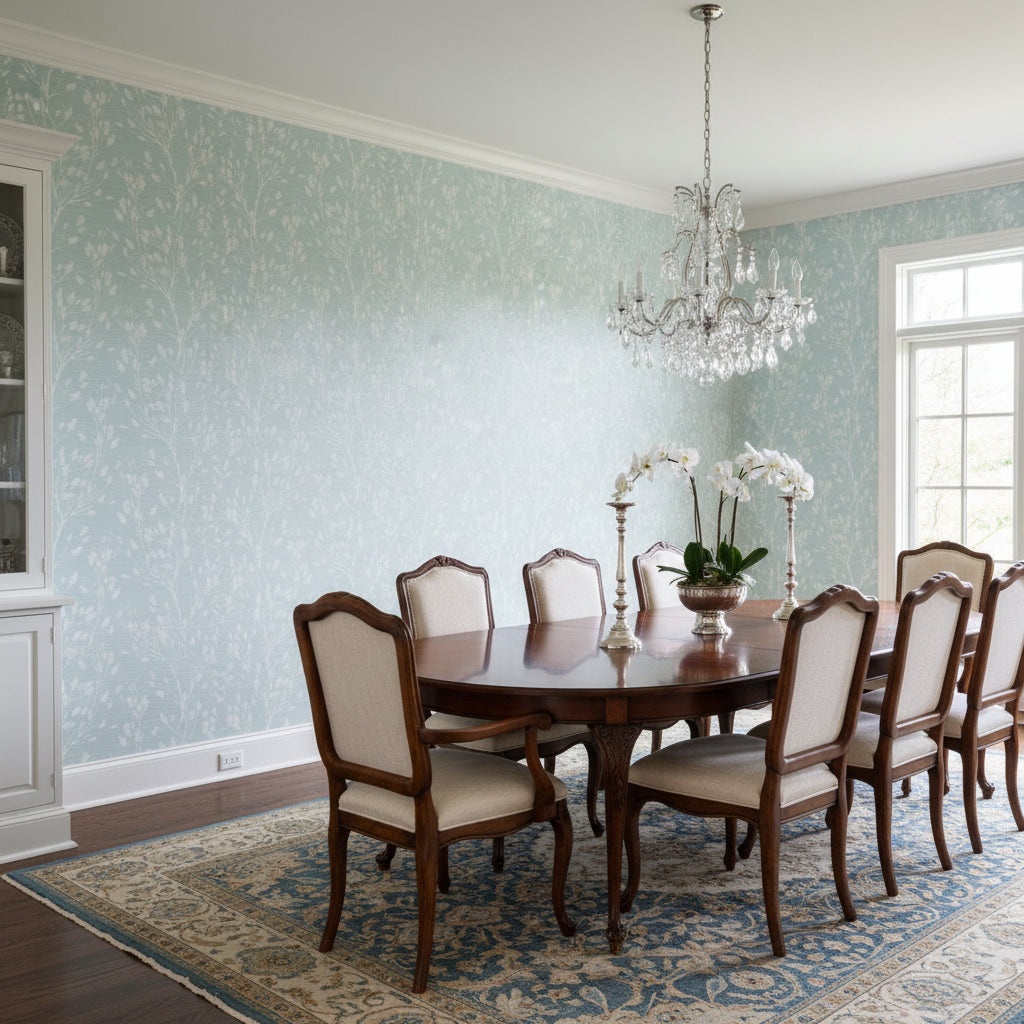 Wild Flower Sleepy Blue | Thibaut Wallcoverings - Dining Room Visualization (AI-generated, may not be to scale. Verify pattern scale with product specifications.)