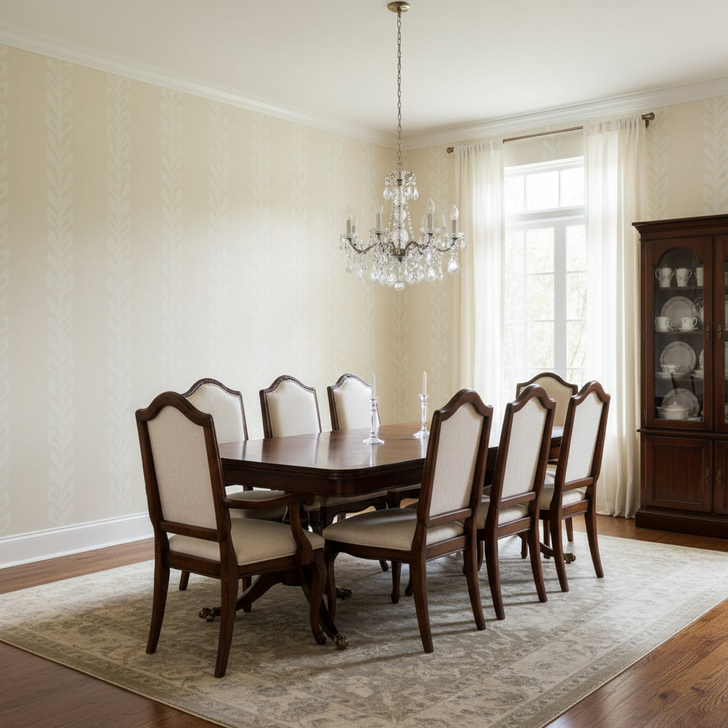 Evia Snow and White | Thibaut Wallcoverings - Dining Room Visualization (AI-generated, may not be to scale. Verify pattern scale with product specifications.)