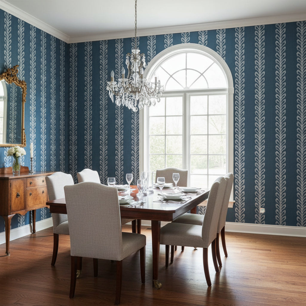 Evia Navy | Thibaut Wallcoverings - Dining Room Visualization (AI-generated, may not be to scale. Verify pattern scale with product specifications.)