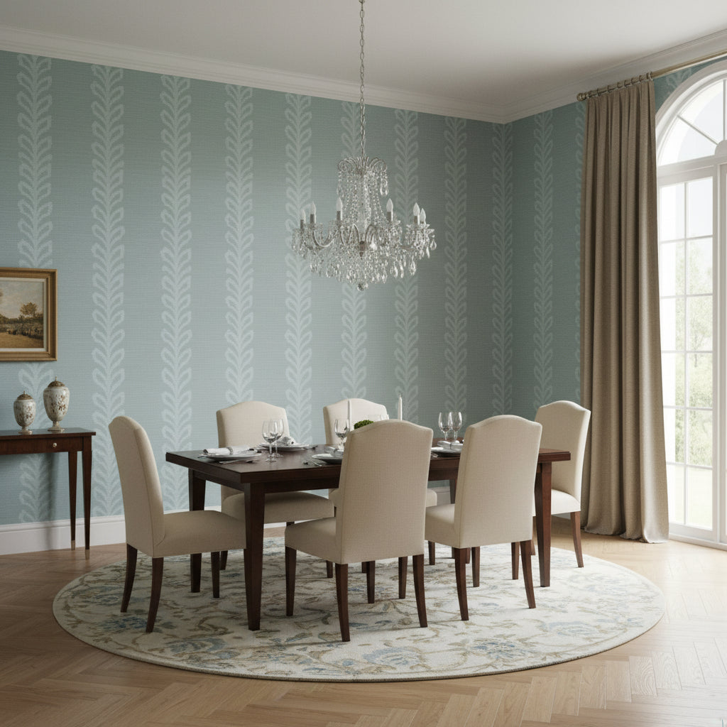 Evia Mineral and White | Thibaut Wallcoverings - Dining Room Visualization (AI-generated, may not be to scale. Verify pattern scale with product specifications.)
