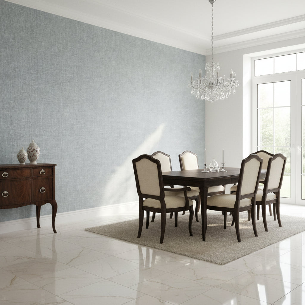 Fine Harvest Charcoal | Thibaut Wallcoverings - Dining Room Visualization (AI-generated, may not be to scale. Verify pattern scale with product specifications.)