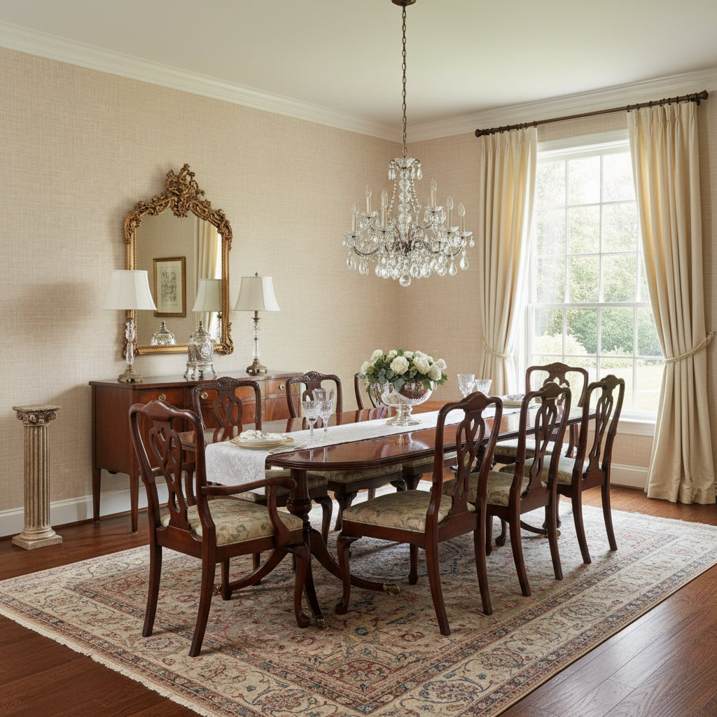 Fine Harvest Caramel | Thibaut Wallcoverings - Dining Room Visualization (AI-generated, may not be to scale. Verify pattern scale with product specifications.)