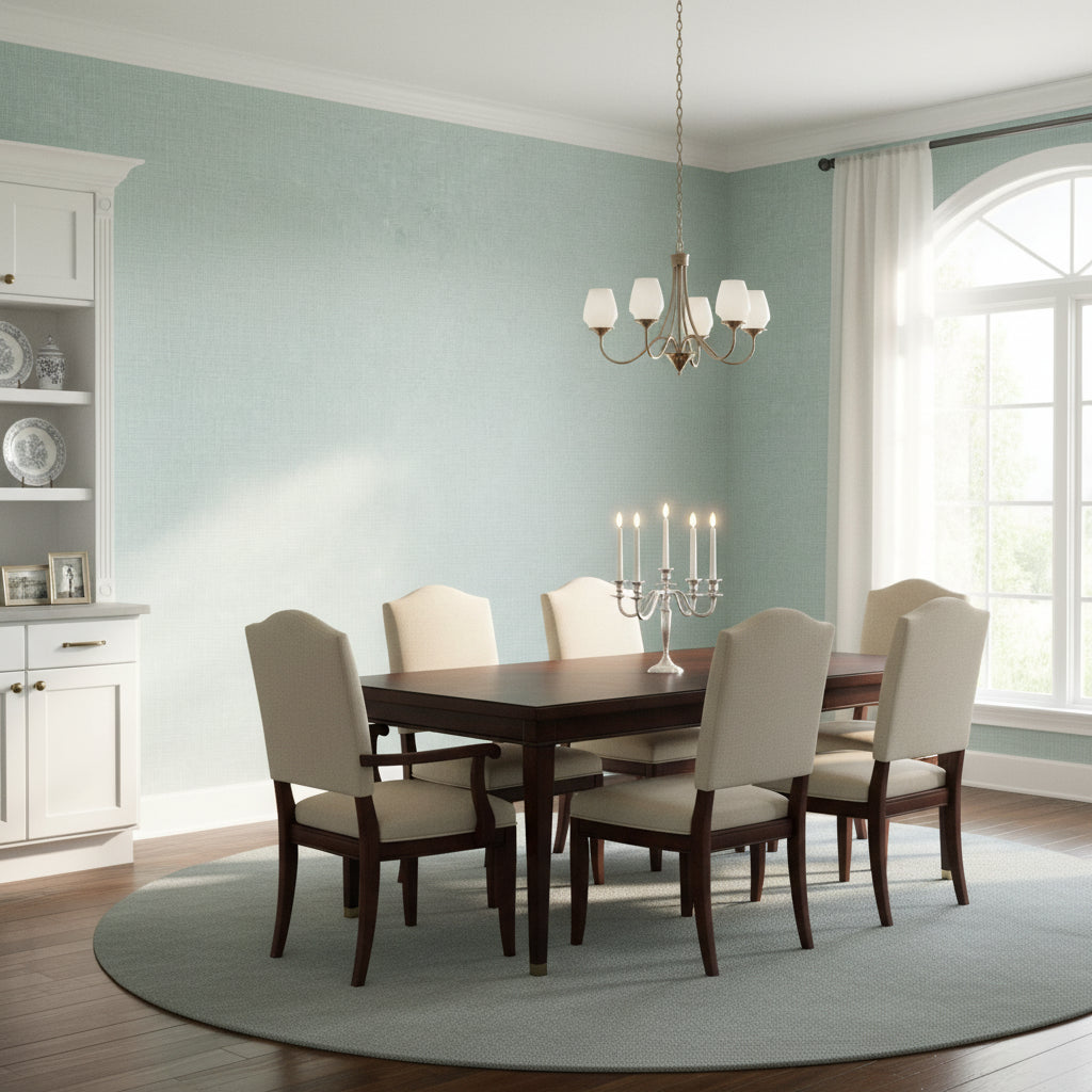 Fine Harvest Teal | Thibaut Wallcoverings - Dining Room Visualization (AI-generated, may not be to scale. Verify pattern scale with product specifications.)