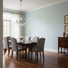 Fine Harvest Spa Blue | Thibaut Wallcoverings - Dining Room Visualization (AI-generated, may not be to scale. Verify pattern scale with product specifications.)