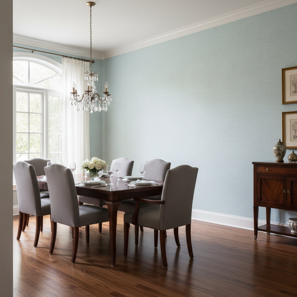 Fine Harvest Spa Blue | Thibaut Wallcoverings - Dining Room Visualization (AI-generated, may not be to scale. Verify pattern scale with product specifications.)