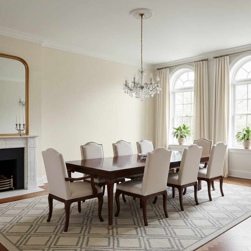 Fine Harvest Flax | Thibaut Wallcoverings - Dining Room Visualization (AI-generated, may not be to scale. Verify pattern scale with product specifications.)