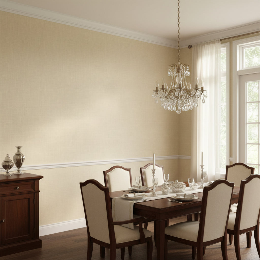 Fine Harvest Beige | Thibaut Wallcoverings - Dining Room Visualization (AI-generated, may not be to scale. Verify pattern scale with product specifications.)