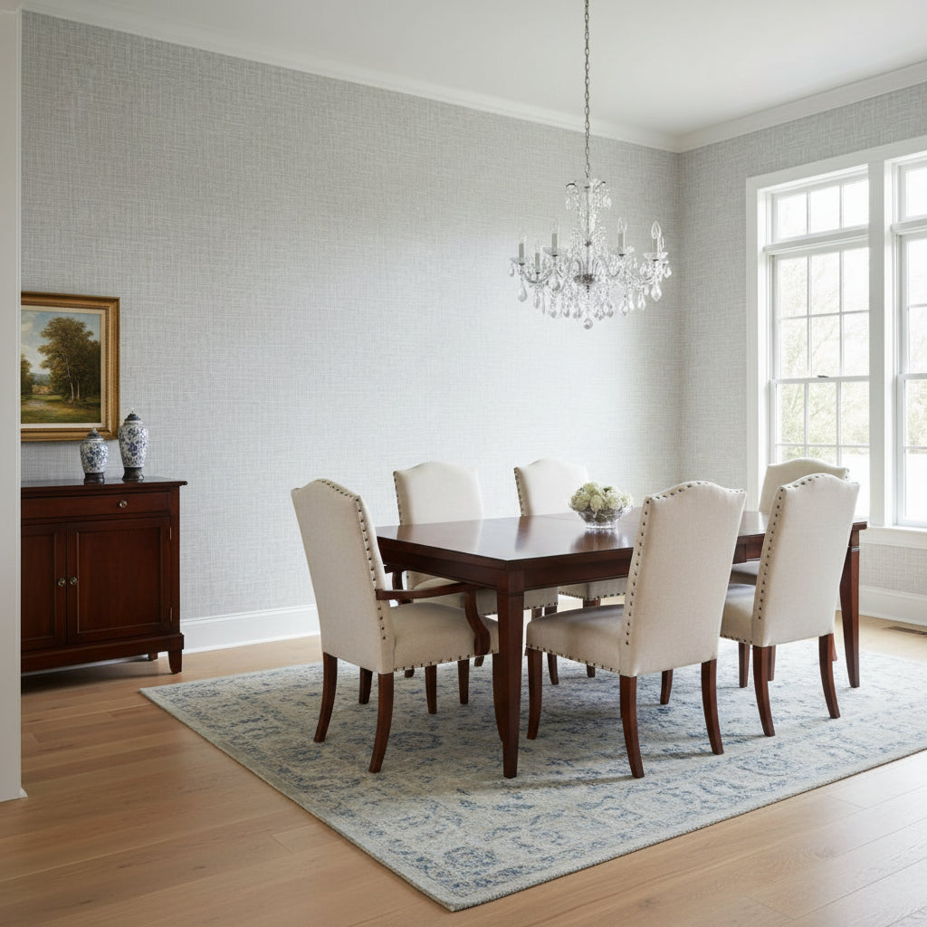 Fine Harvest Sterling | Thibaut Wallcoverings - Dining Room Visualization (AI-generated, may not be to scale. Verify pattern scale with product specifications.)