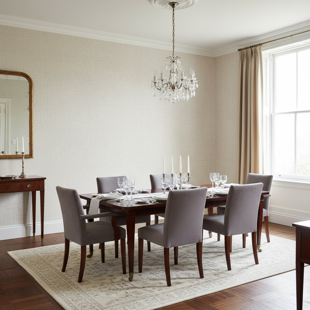 Fine Harvest Fog | Thibaut Wallcoverings - Dining Room Visualization (AI-generated, may not be to scale. Verify pattern scale with product specifications.)