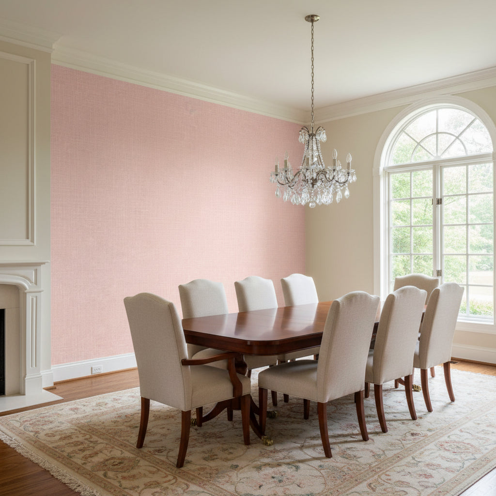 Fine Harvest Pink | Thibaut Wallcoverings - Dining Room Visualization (AI-generated, may not be to scale. Verify pattern scale with product specifications.)