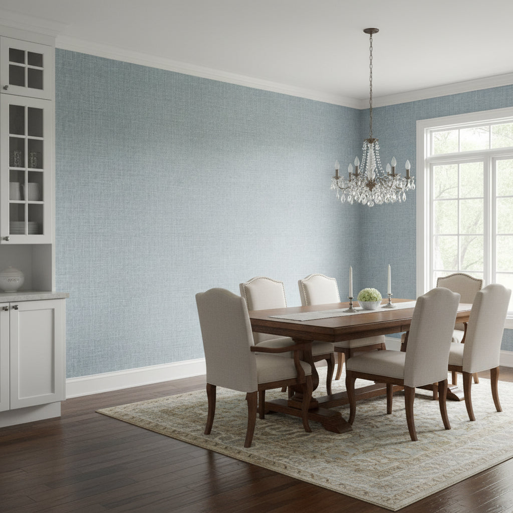 Fine Harvest Denim | Thibaut Wallcoverings - Dining Room Visualization (AI-generated, may not be to scale. Verify pattern scale with product specifications.)