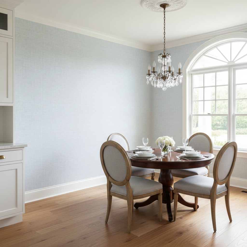 Fine Harvest Sky Blue | Thibaut Wallcoverings - Dining Room Visualization (AI-generated, may not be to scale. Verify pattern scale with product specifications.)