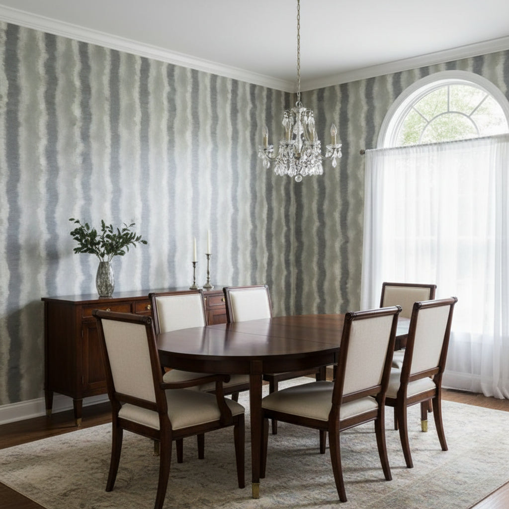 Geode Charcoal | Thibaut Wallcoverings - Dining Room Visualization (AI-generated, may not be to scale. Verify pattern scale with product specifications.)