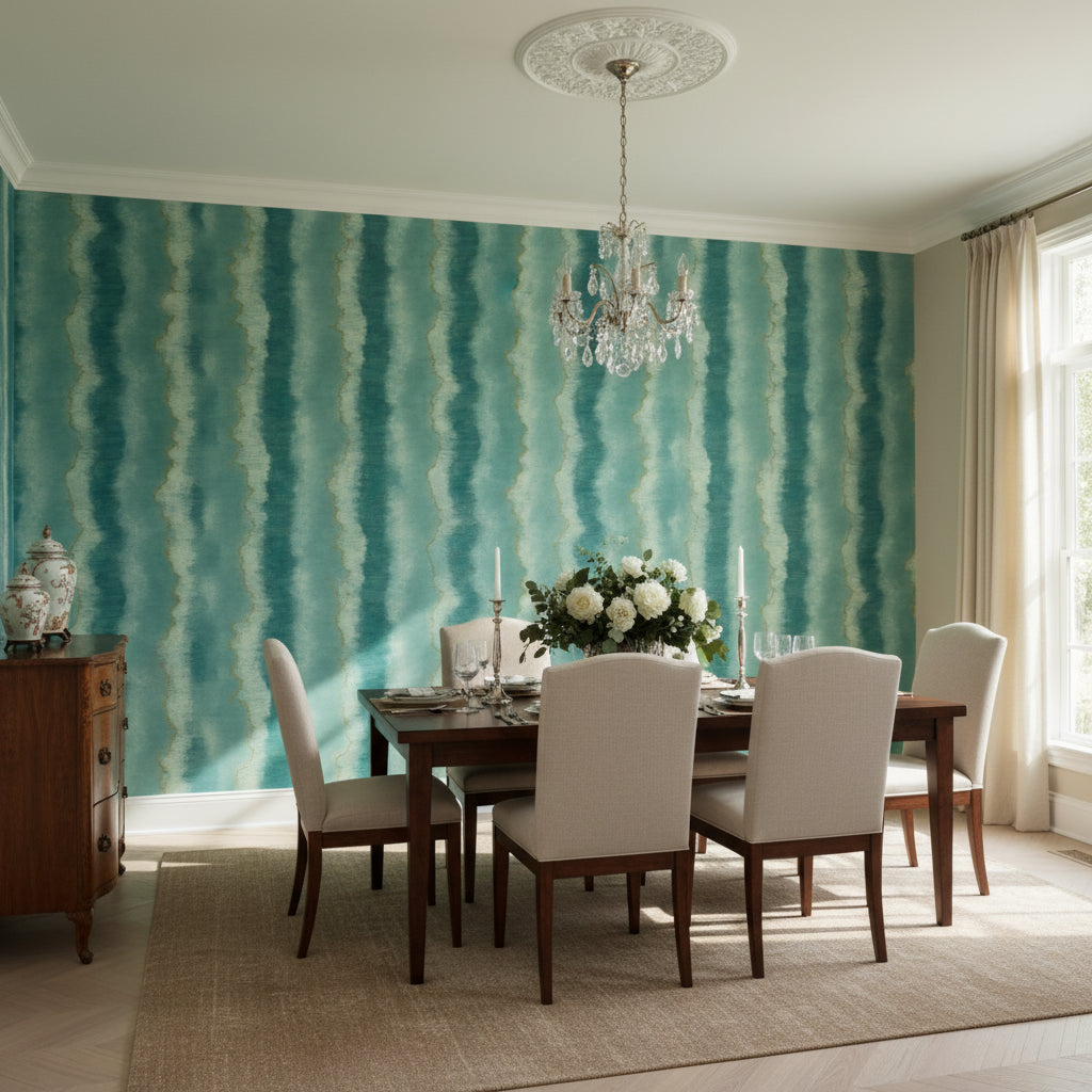 Geode Teal | Thibaut Wallcoverings - Dining Room Visualization (AI-generated, may not be to scale. Verify pattern scale with product specifications.)
