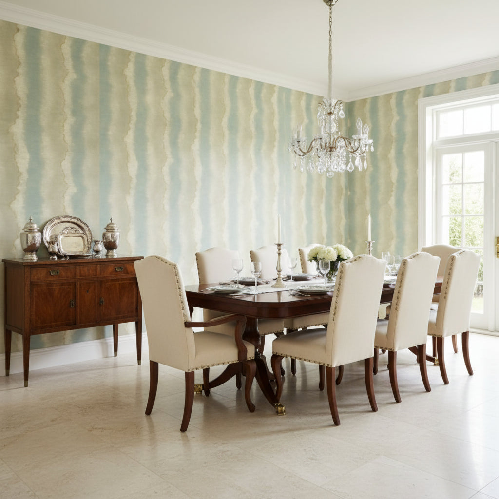 Geode Fog | Thibaut Wallcoverings - Dining Room Visualization (AI-generated, may not be to scale. Verify pattern scale with product specifications.)
