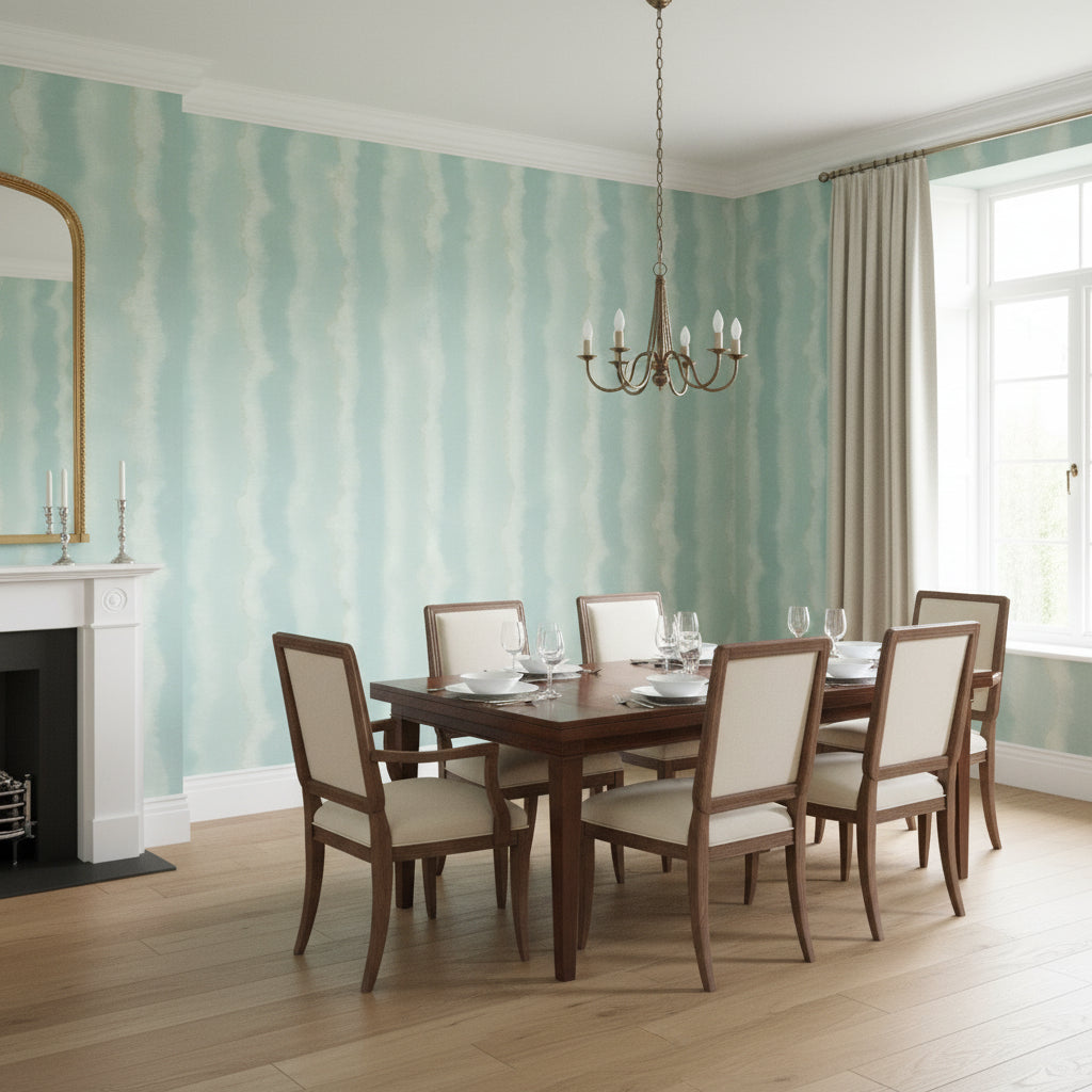 Geode Spa Blue | Thibaut Wallcoverings - Dining Room Visualization (AI-generated, may not be to scale. Verify pattern scale with product specifications.)