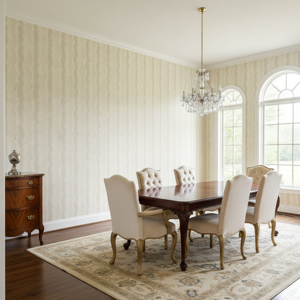 Geode Beige | Thibaut Wallcoverings - Dining Room Visualization (AI-generated, may not be to scale. Verify pattern scale with product specifications.)