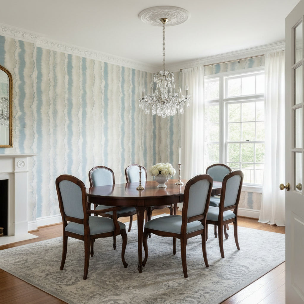 Geode Denim | Thibaut Wallcoverings - Dining Room Visualization (AI-generated, may not be to scale. Verify pattern scale with product specifications.)