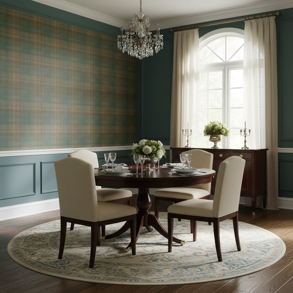 Inverness Teal and Clay | Thibaut Wallcoverings - Dining Room Visualization (AI-generated, may not be to scale. Verify pattern scale with product specifications.)