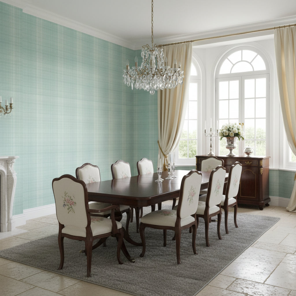 Inverness Robin's Egg | Thibaut Wallcoverings - Dining Room Visualization (AI-generated, may not be to scale. Verify pattern scale with product specifications.)