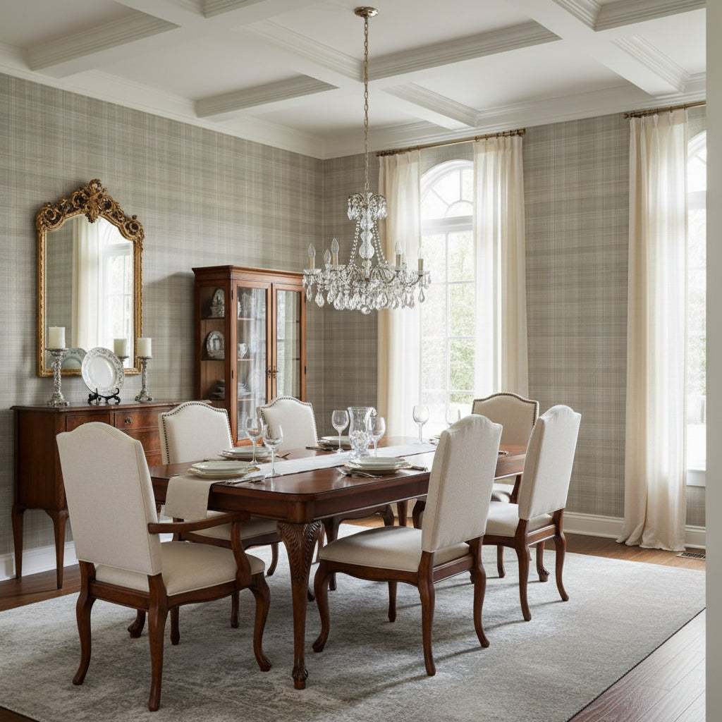 Inverness Grey | Thibaut Wallcoverings - Dining Room Visualization (AI-generated, may not be to scale. Verify pattern scale with product specifications.)