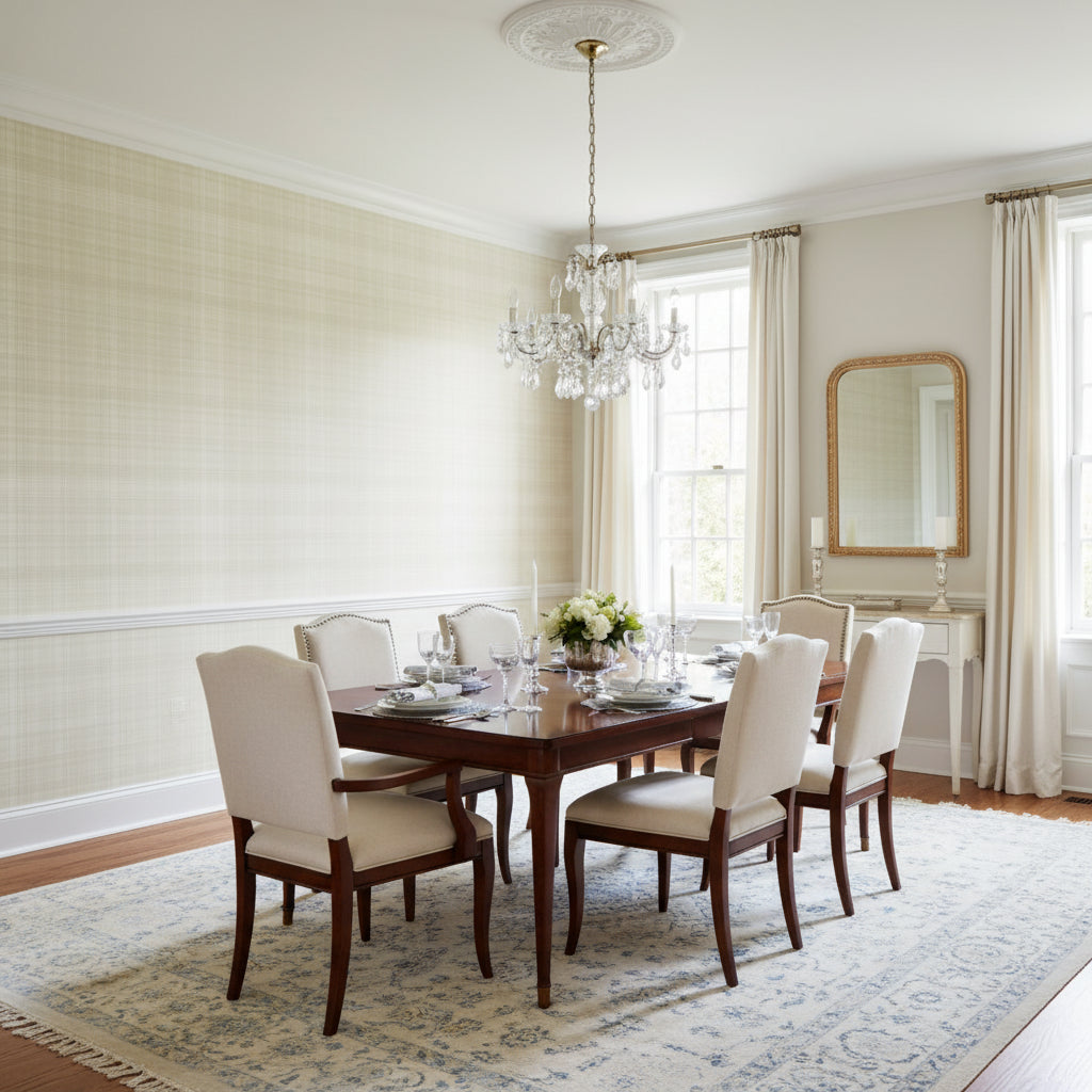 Inverness Beige | Thibaut Wallcoverings - Dining Room Visualization (AI-generated, may not be to scale. Verify pattern scale with product specifications.)