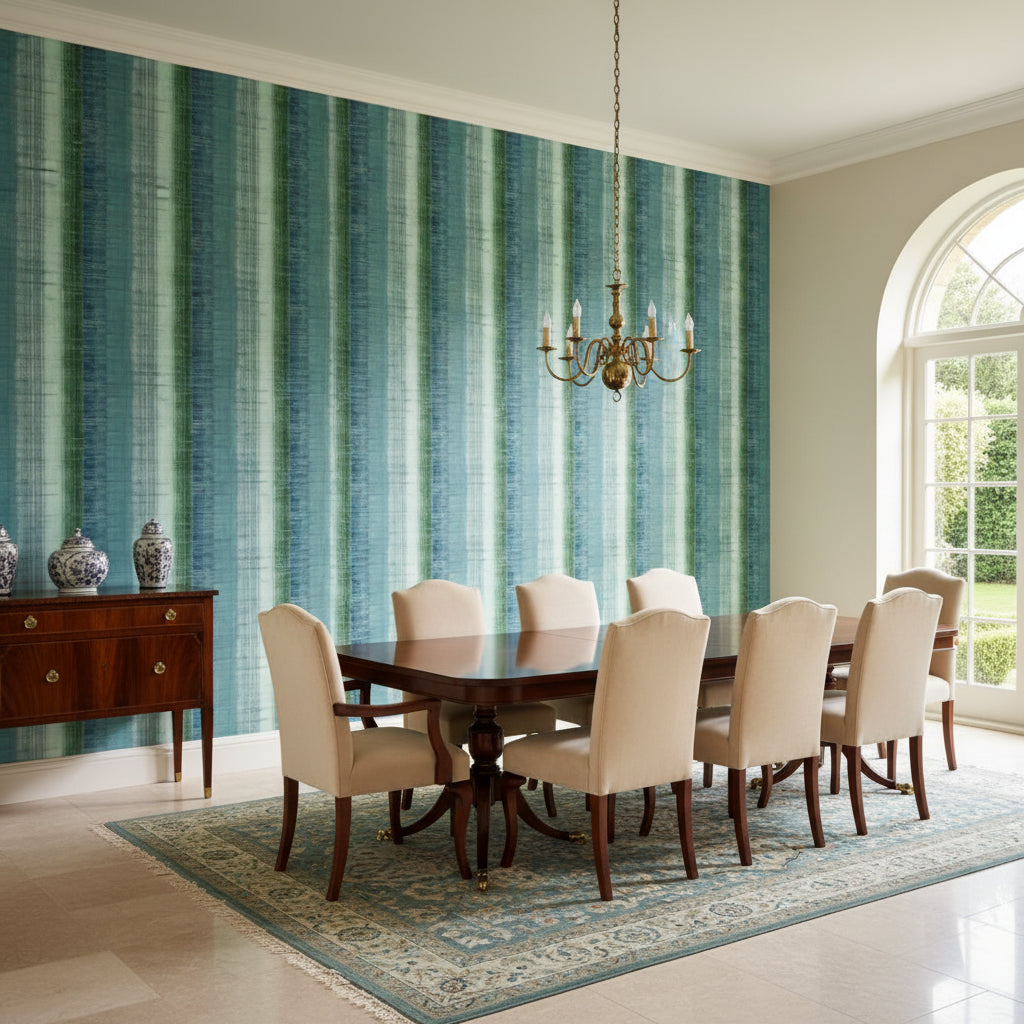 Painted Desert Green and Blue | Thibaut Wallcoverings - Dining Room Visualization (AI-generated, may not be to scale. Verify pattern scale with product specifications.)