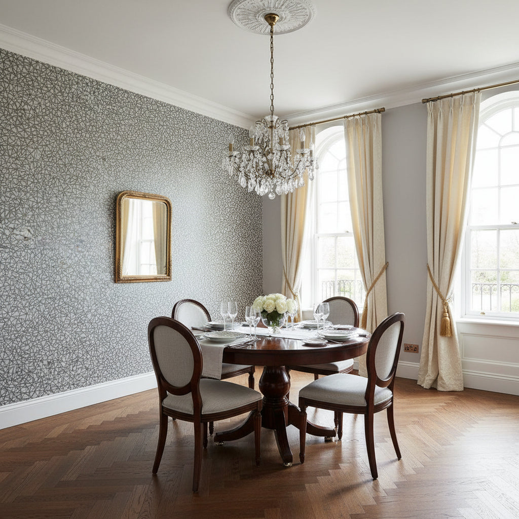 Aedan Dove | Thibaut Wallcoverings - Dining Room Visualization (AI-generated, may not be to scale. Verify pattern scale with product specifications.)