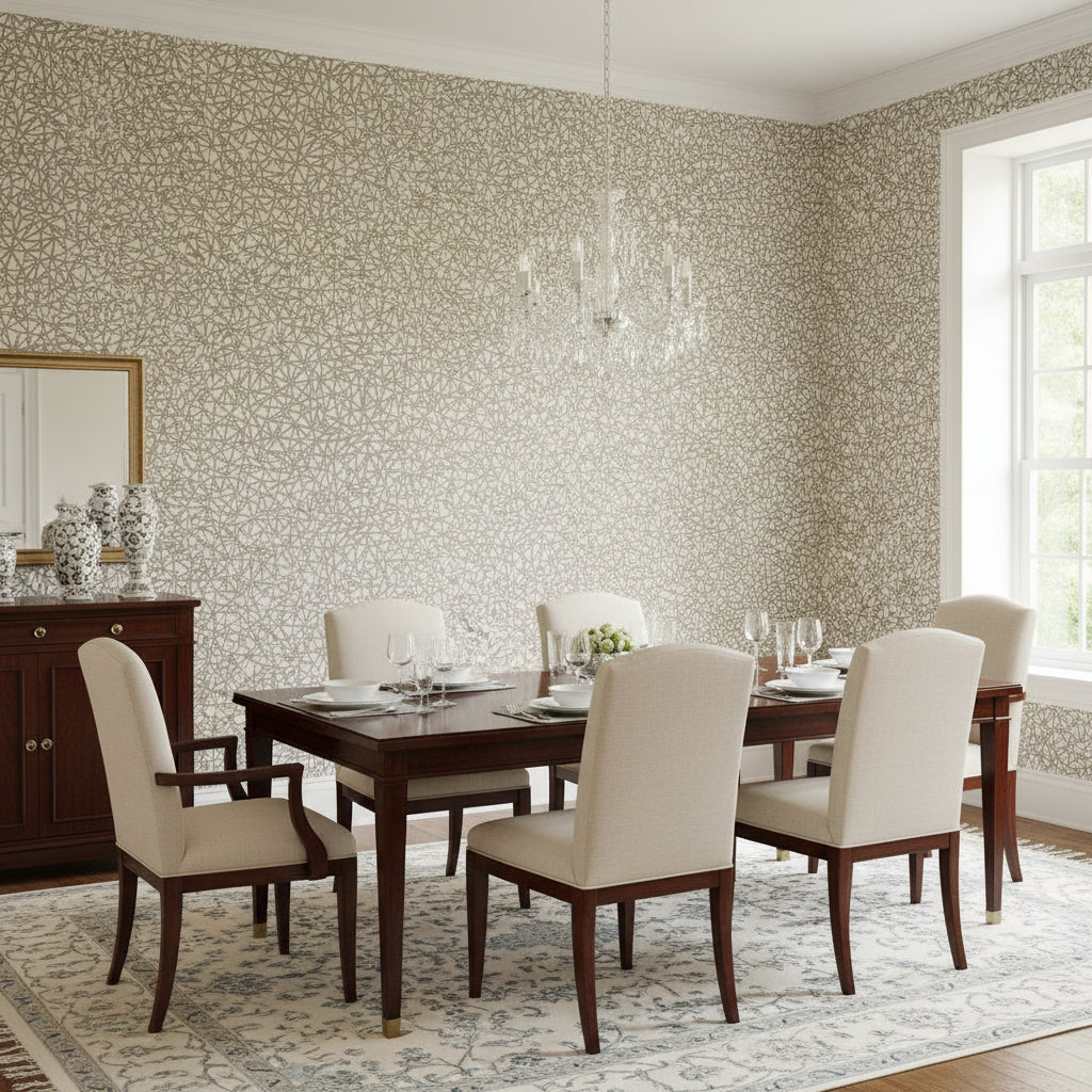 Aedan Blush | Thibaut Wallcoverings - Dining Room Visualization (AI-generated, may not be to scale. Verify pattern scale with product specifications.)