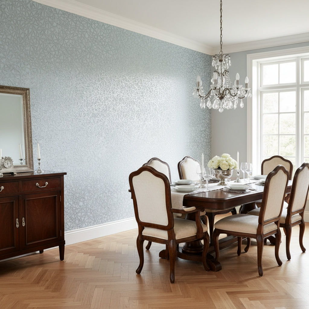 Aedan Spa Blue | Thibaut Wallcoverings - Dining Room Visualization (AI-generated, may not be to scale. Verify pattern scale with product specifications.)