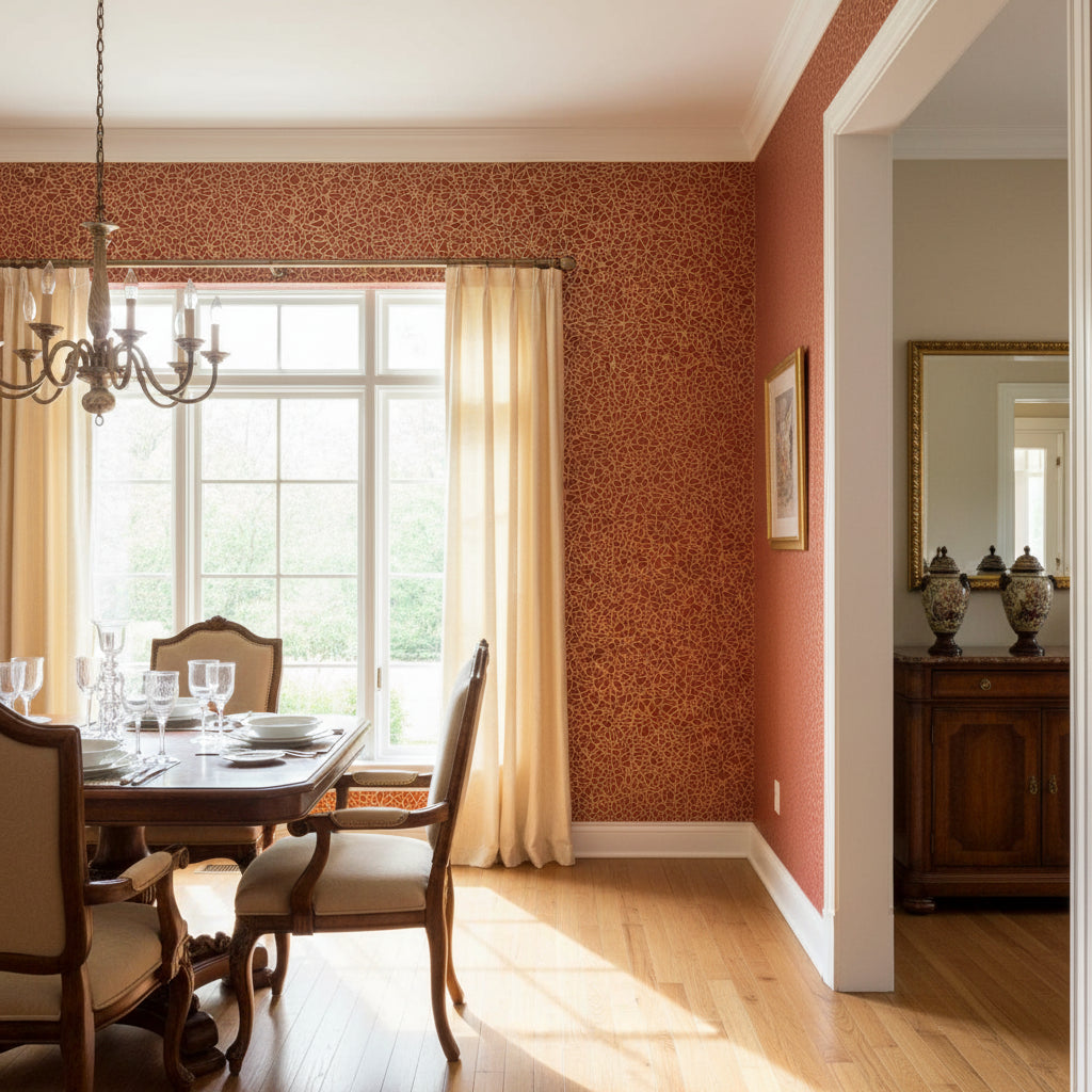 Aedan Raspberry | Thibaut Wallcoverings - Dining Room Visualization (AI-generated, may not be to scale. Verify pattern scale with product specifications.)