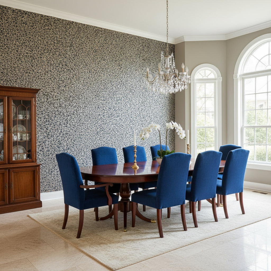 Aedan Navy | Thibaut Wallcoverings - Dining Room Visualization (AI-generated, may not be to scale. Verify pattern scale with product specifications.)