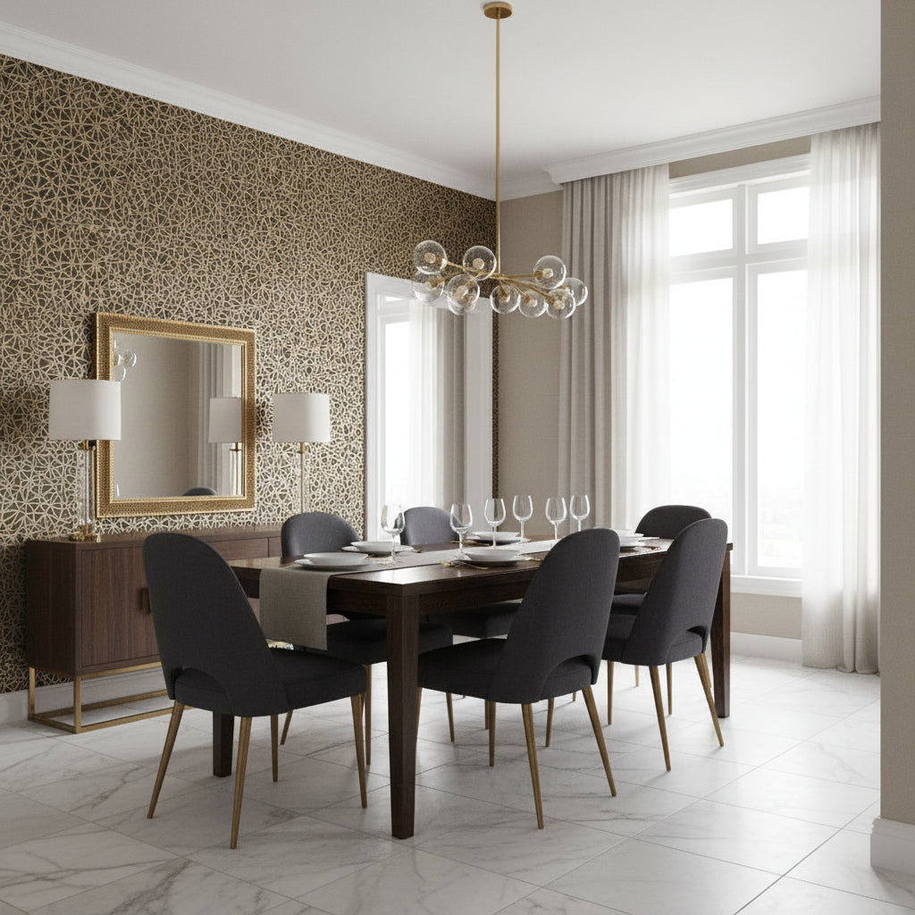 Aedan Black | Thibaut Wallcoverings - Dining Room Visualization (AI-generated, may not be to scale. Verify pattern scale with product specifications.)