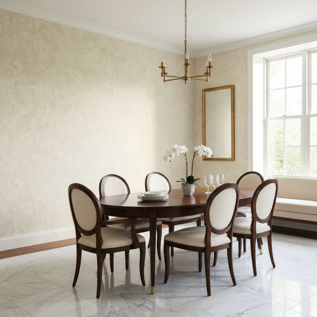 Crystalla Beige | Thibaut Wallcoverings - Dining Room Visualization (AI-generated, may not be to scale. Verify pattern scale with product specifications.)