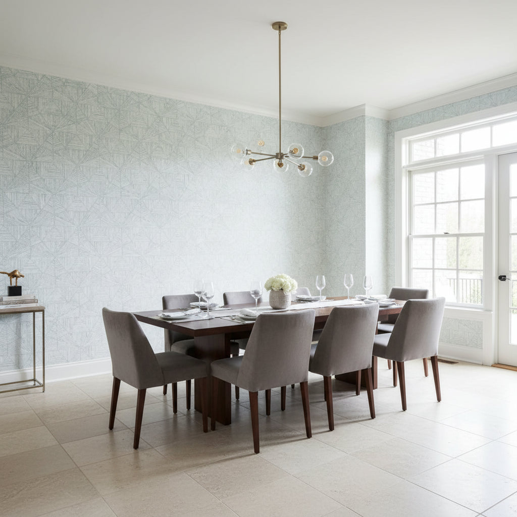 Crystalla Soft Blue | Thibaut Wallcoverings - Dining Room Visualization (AI-generated, may not be to scale. Verify pattern scale with product specifications.)