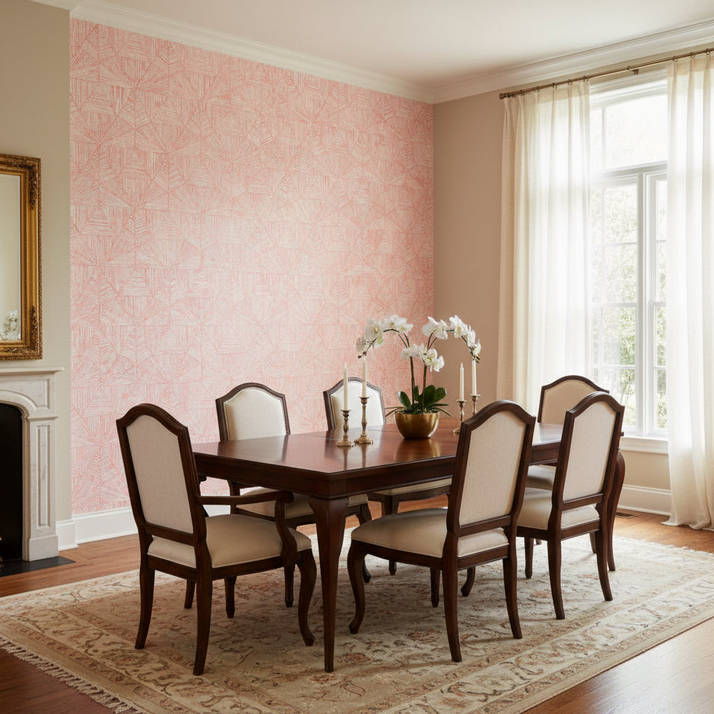 Crystalla Pink | Thibaut Wallcoverings - Dining Room Visualization (AI-generated, may not be to scale. Verify pattern scale with product specifications.)