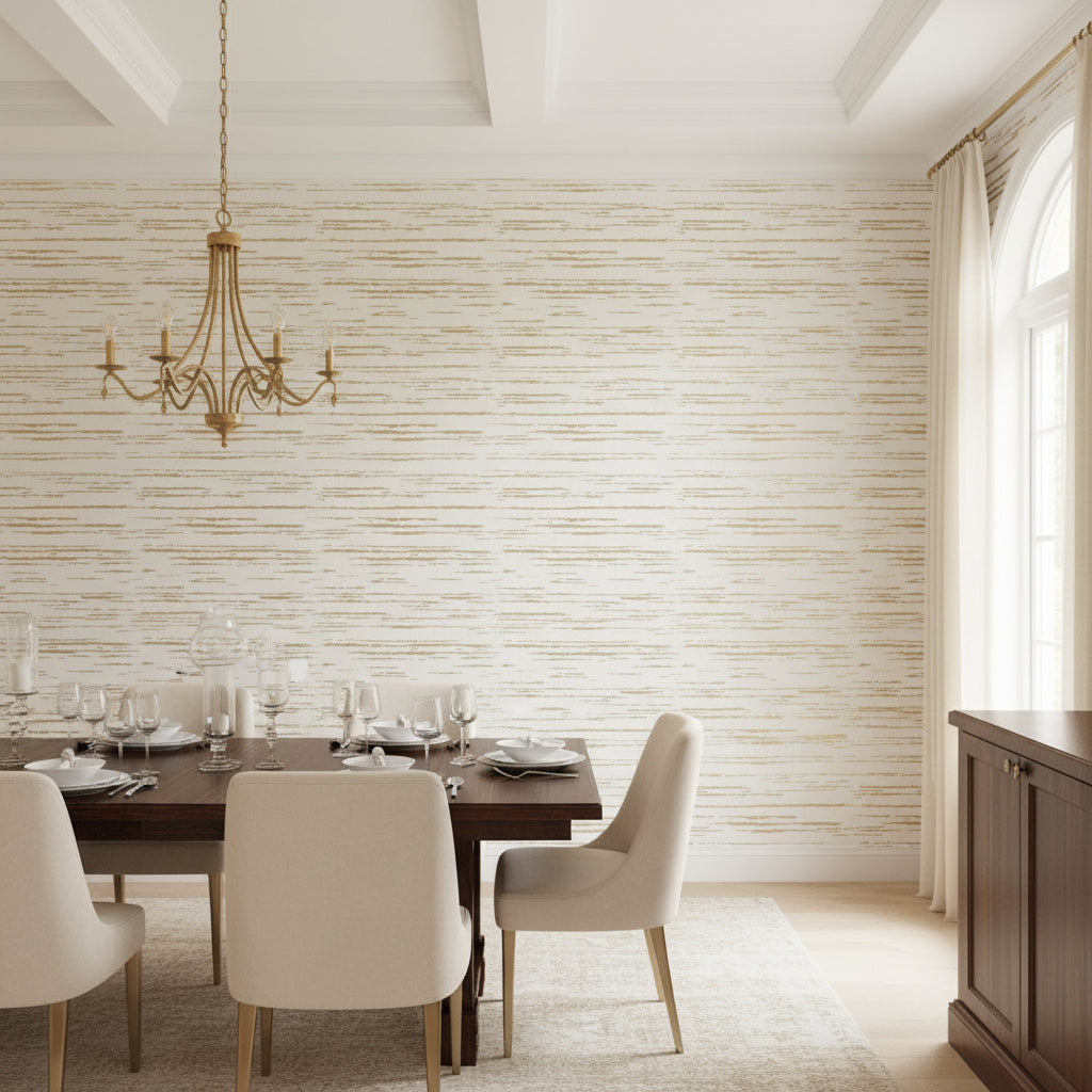 Echo Metallic Gold on White | Thibaut Wallcoverings - Dining Room Visualization (AI-generated, may not be to scale. Verify pattern scale with product specifications.)