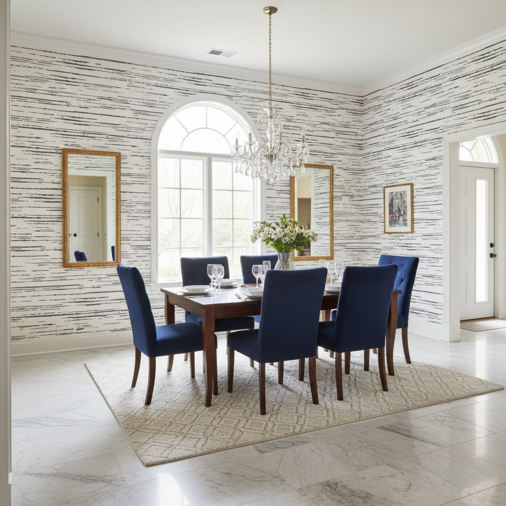 Echo Black on White | Thibaut Wallcoverings - Dining Room Visualization (AI-generated, may not be to scale. Verify pattern scale with product specifications.)