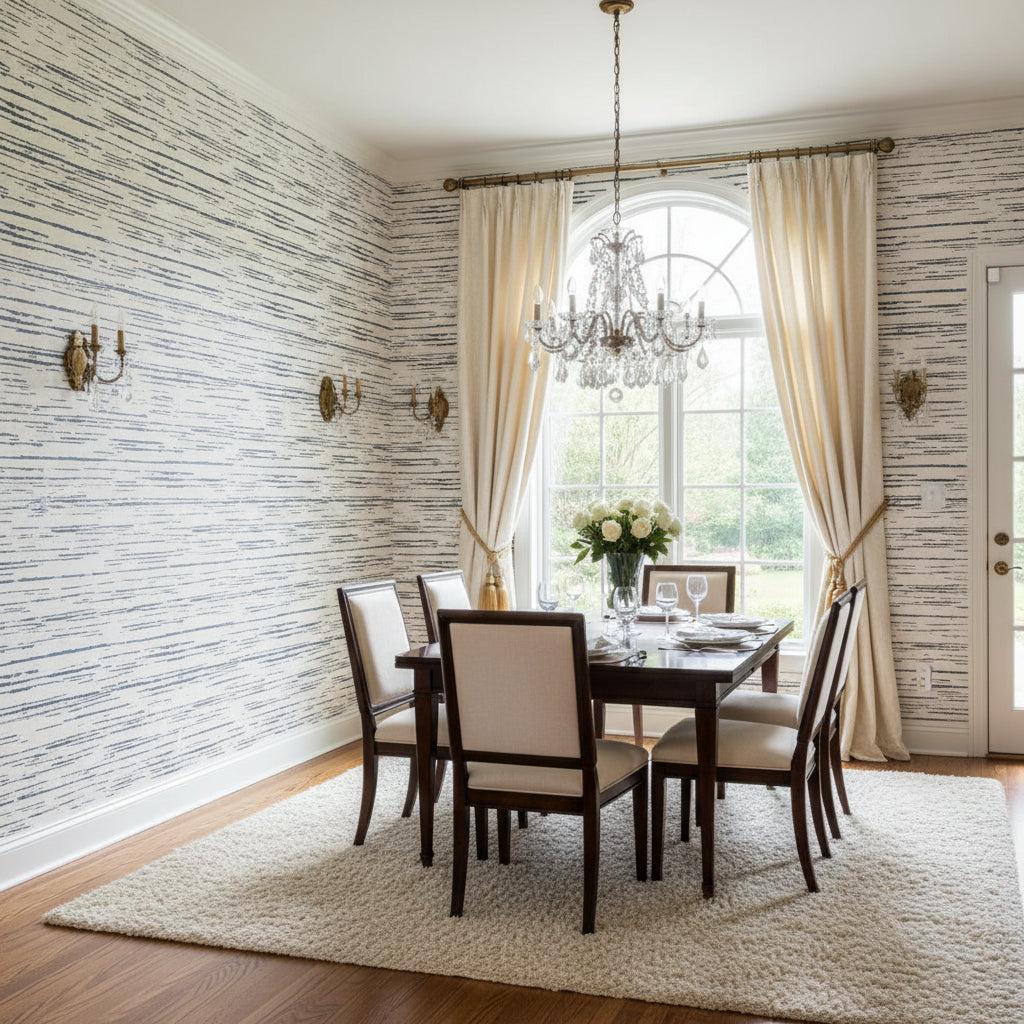 Echo Blue on White | Thibaut Wallcoverings - Dining Room Visualization (AI-generated, may not be to scale. Verify pattern scale with product specifications.)