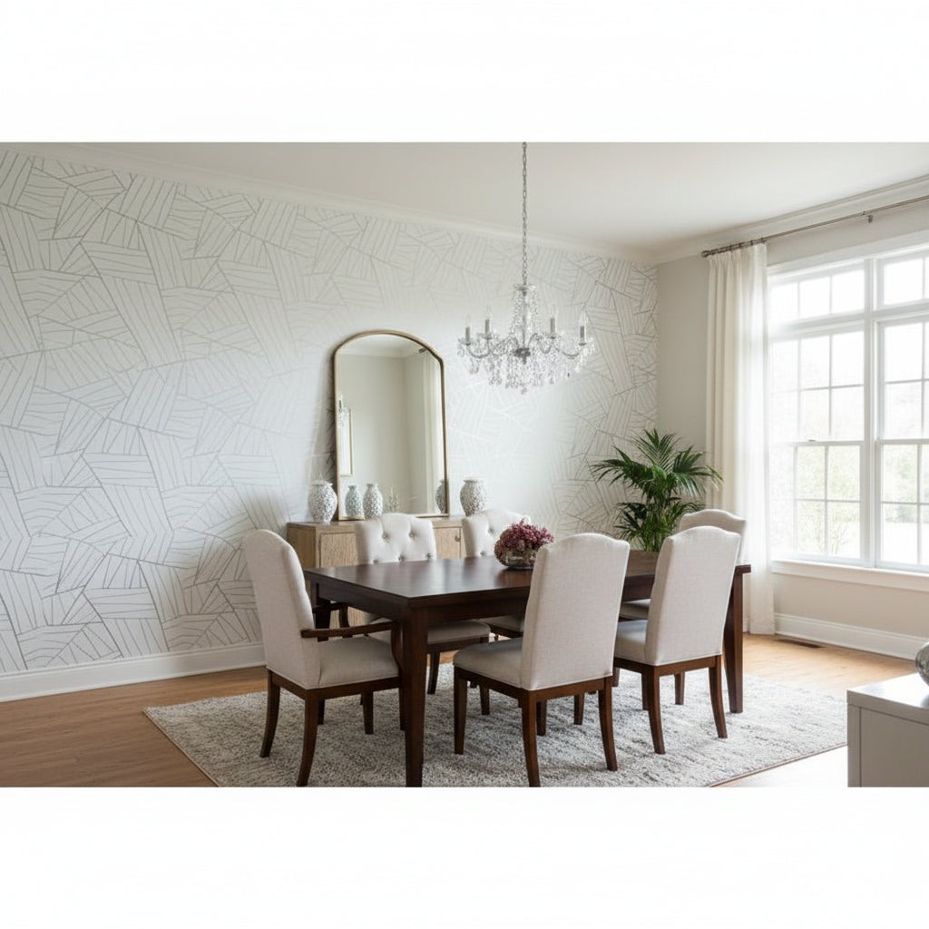 Jordan Metallic Silver on Soft Blue | Thibaut Wallcoverings - Dining Room Visualization (AI-generated, may not be to scale. Verify pattern scale with product specifications.)