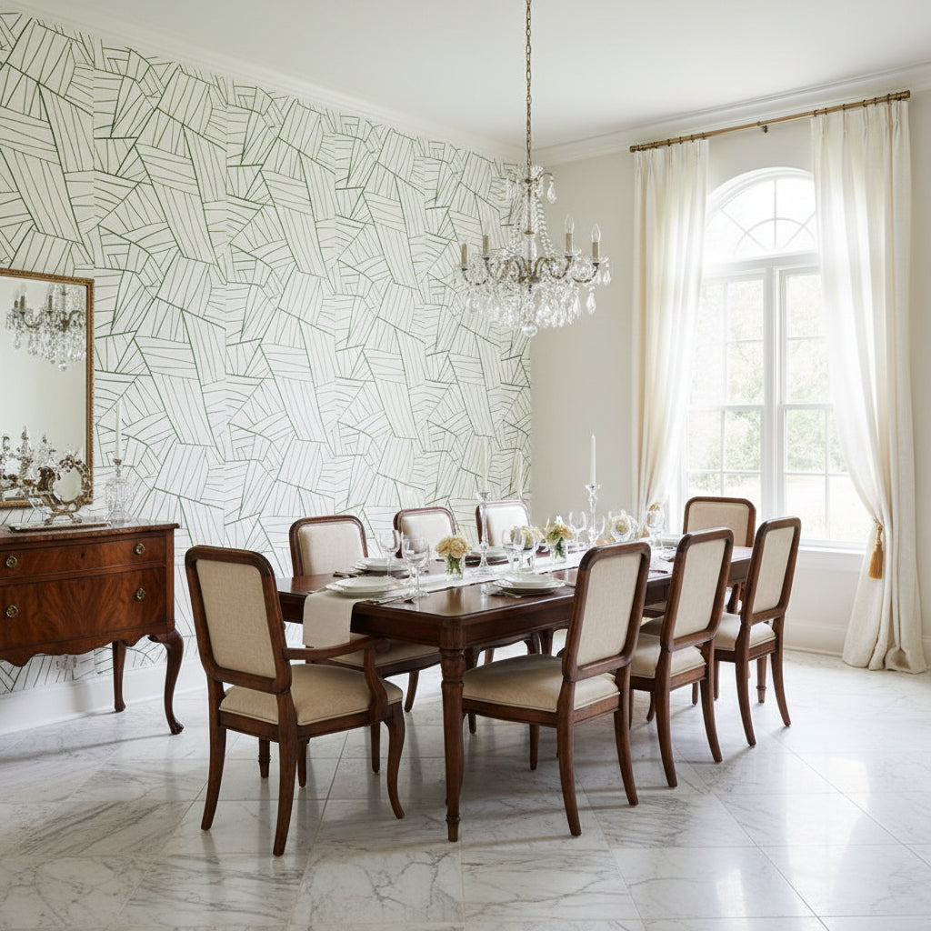 Jordan Emerald on White | Thibaut Wallcoverings - Dining Room Visualization (AI-generated, may not be to scale. Verify pattern scale with product specifications.)